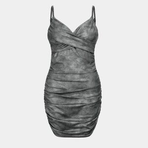 Halara Deep V Neck Rouched Bodycon CrackledMini Dress titanium Silver NWT XL